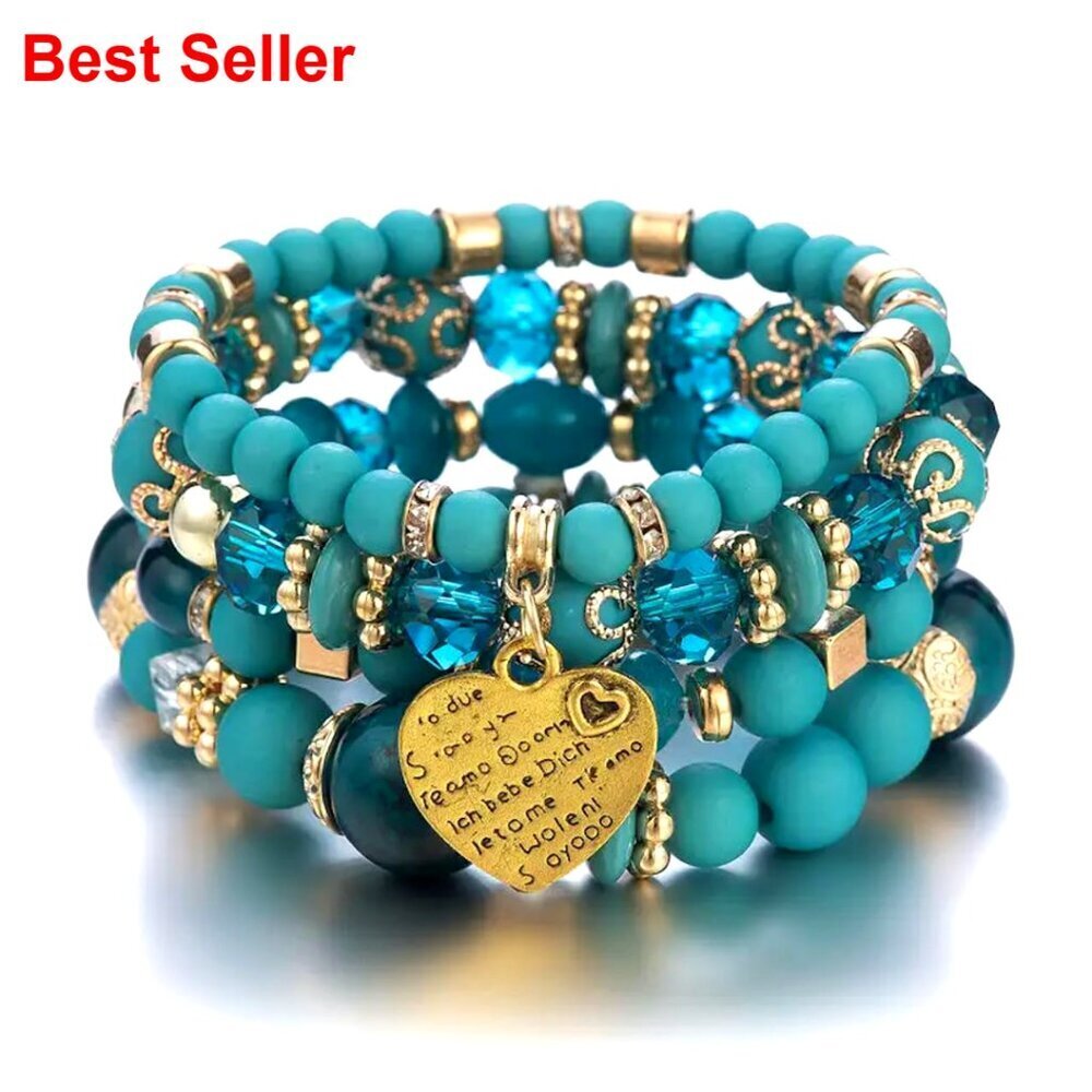 Beaded Stretch Bracelet Set with Crystal Accents, Boho Stackable Design